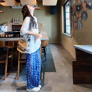 休闲风时尚套装短袖蓝色显瘦欧美风珠片盐系少年感短袖蕾丝碎花图片