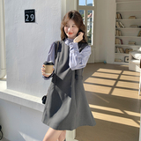 韩系气质无袖背心连衣裙两件套女2025春季新款条纹立领衬衫A字裙，女装套装/套裙，浙宝125