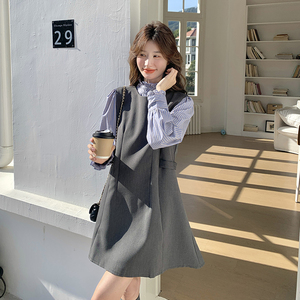 韩系气质无袖背心连衣裙两件套女2025春季新款条纹立领衬衫A字裙图片