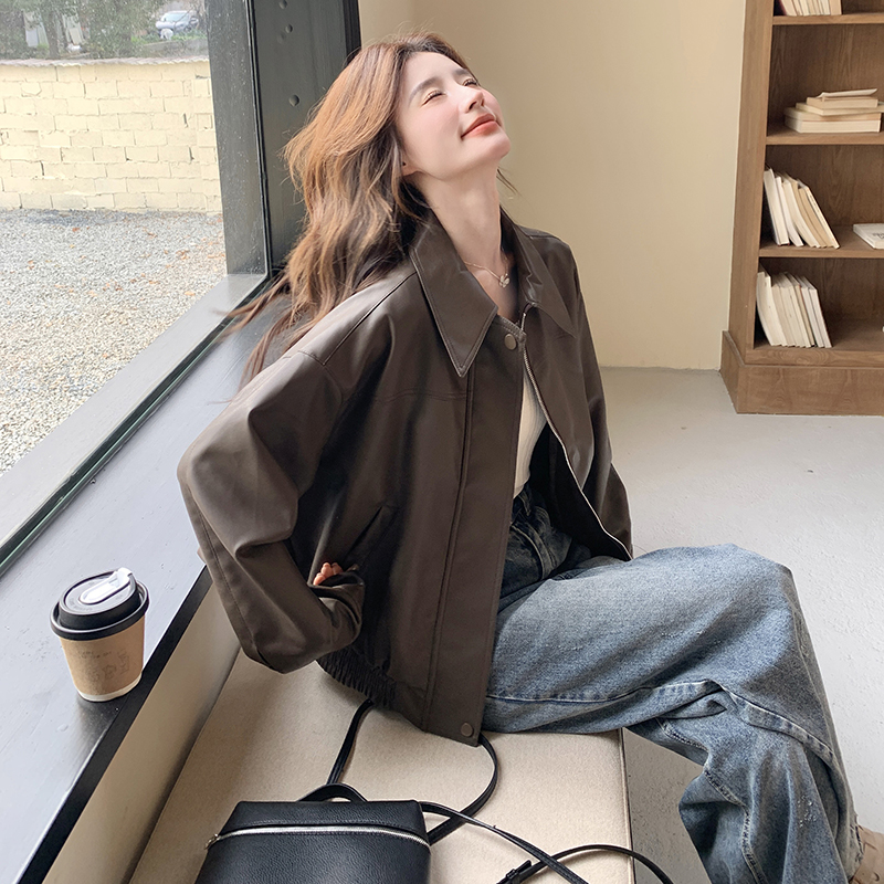 棕色复古机车皮衣外套女2025年春季新款高级感炸街小个子PU皮夹克，女装皮衣，浙宝125