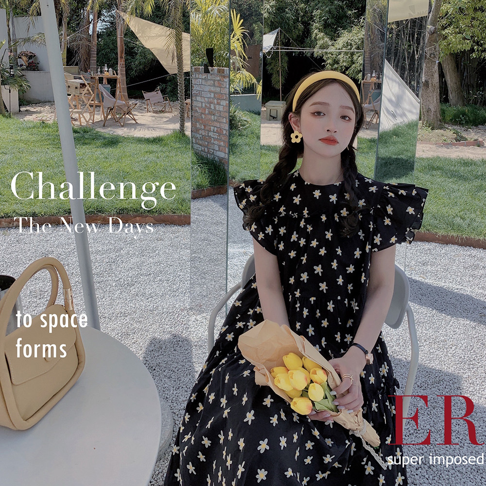 现货主推!数据好！飞飞袖不挑人黑色碎花连衣裙9021-P105-控158，女装连衣裙，浙宝125