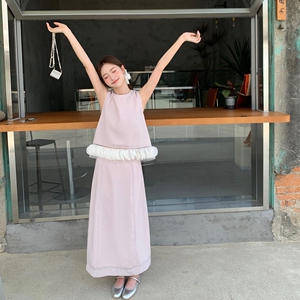 韩系温柔露背泡泡袖上衣紫色半身裙两件套装女2025清纯系夏日穿搭图片