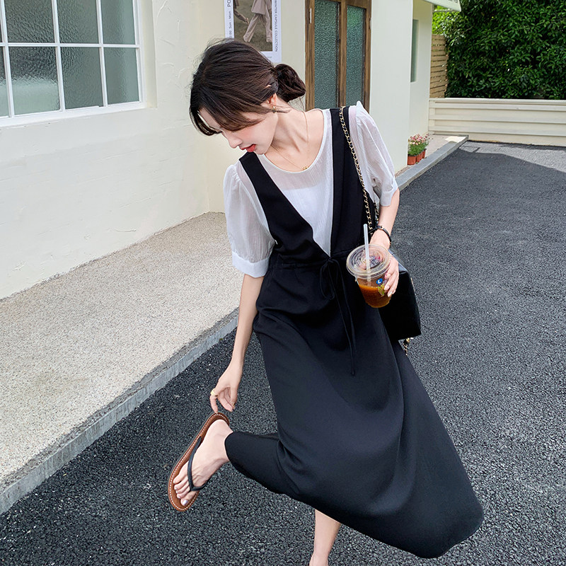 撞色拼接假两件连衣裙女夏季2025新款韩版宽松遮肚设计感休闲长裙,女装连衣裙,浙宝125