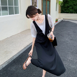 撞色拼接假两件连衣裙女夏季2025新款韩版宽松遮肚设计感休闲长裙，女装连衣裙，浙宝125