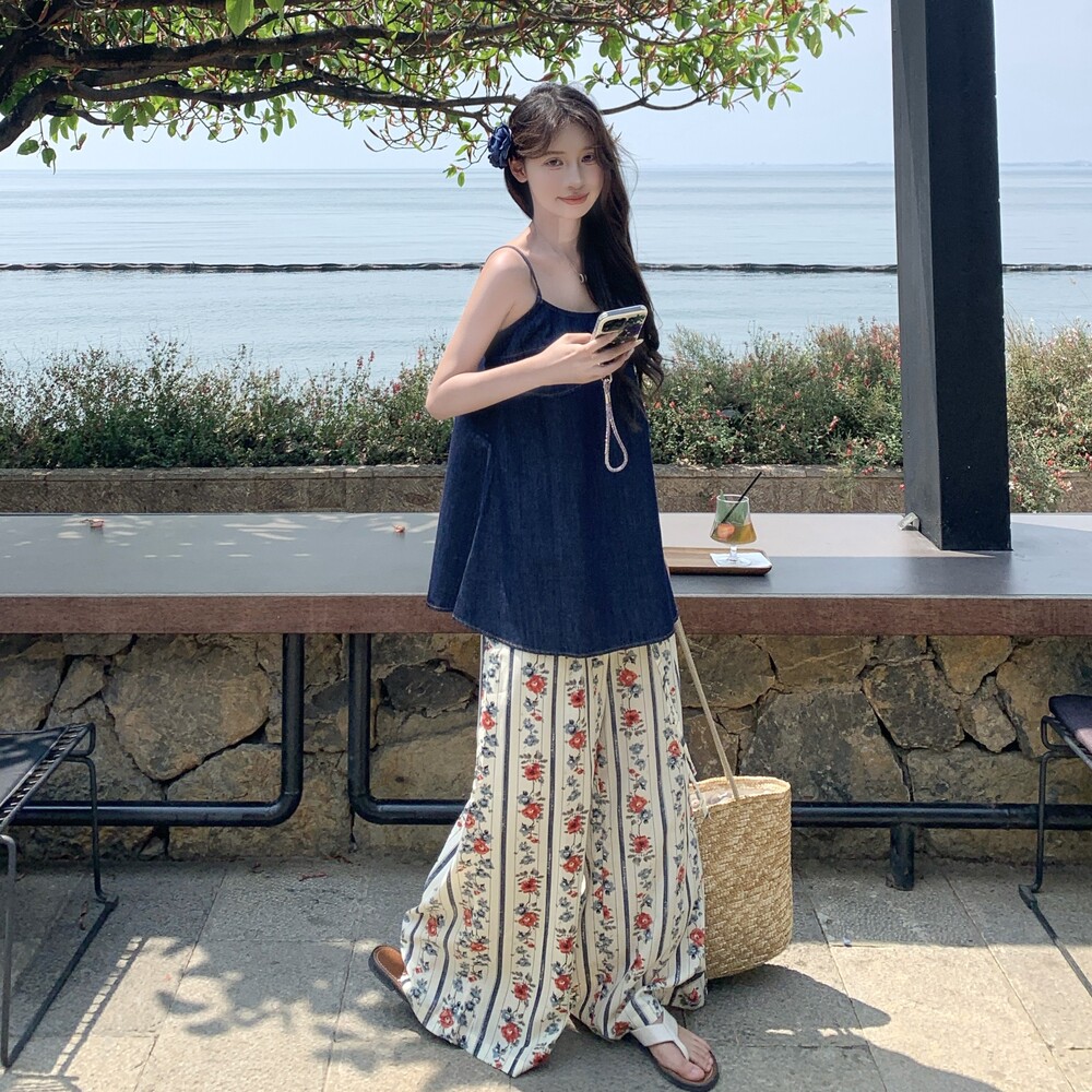 新款现货牛仔吊带碎花阔腿裤套装2D003-A30-P165-控238,女装套装/套裙,浙宝125