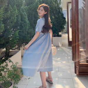 蓝色褶皱连衣裙女夏2025年新款小众设计感温柔风遮肚子显瘦长裙子图片