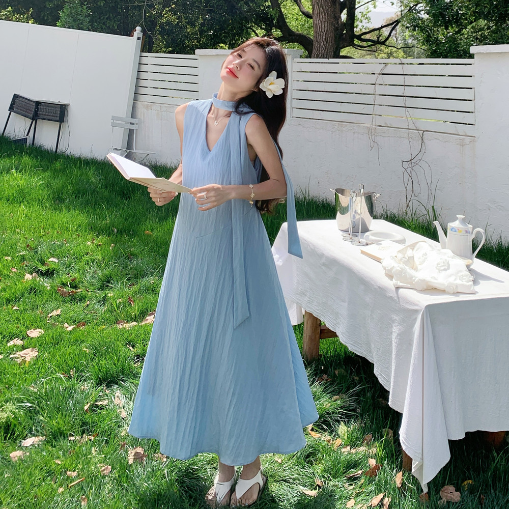 蓝色设计感温柔风甜美无袖长裙女夏新款高级感气质显瘦大摆连衣裙,女装连衣裙,浙宝125