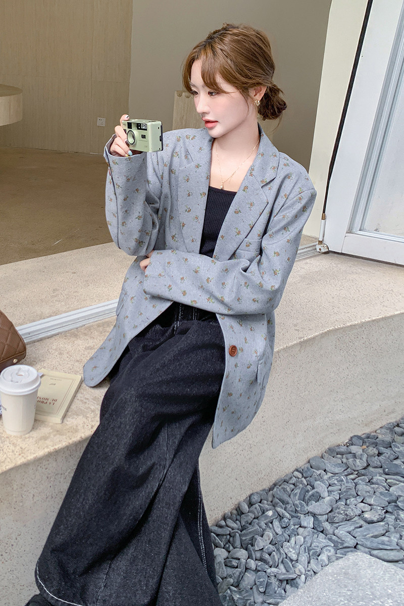 小众设计感西装女2025早春新款气质碎花灰色chic小个子宽松外套,女装西装,浙宝125