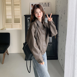 棕色复古机车皮衣外套女2025年春季新款高级感炸街小个子PU皮夹克图片