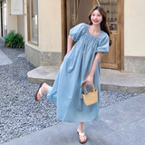 宽松慵懒风蓝色方领泡泡袖连衣裙女夏2025新款日系休闲松弛感长裙，女装连衣裙，浙宝125