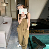 夏季新款韩版休闲学院风显高显瘦卡其色宽松背带连体裤女直筒长裤，女装休闲裤，浙宝125