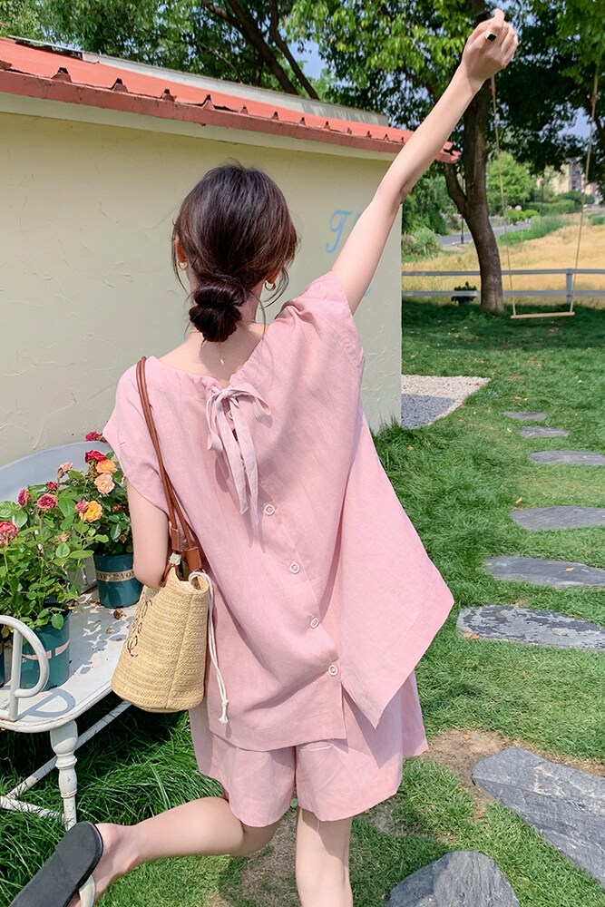 甜美减龄粉色上衣短袖套装女夏2025新款小个子百搭显瘦短裤两件套,女装套装/套裙,浙宝125
