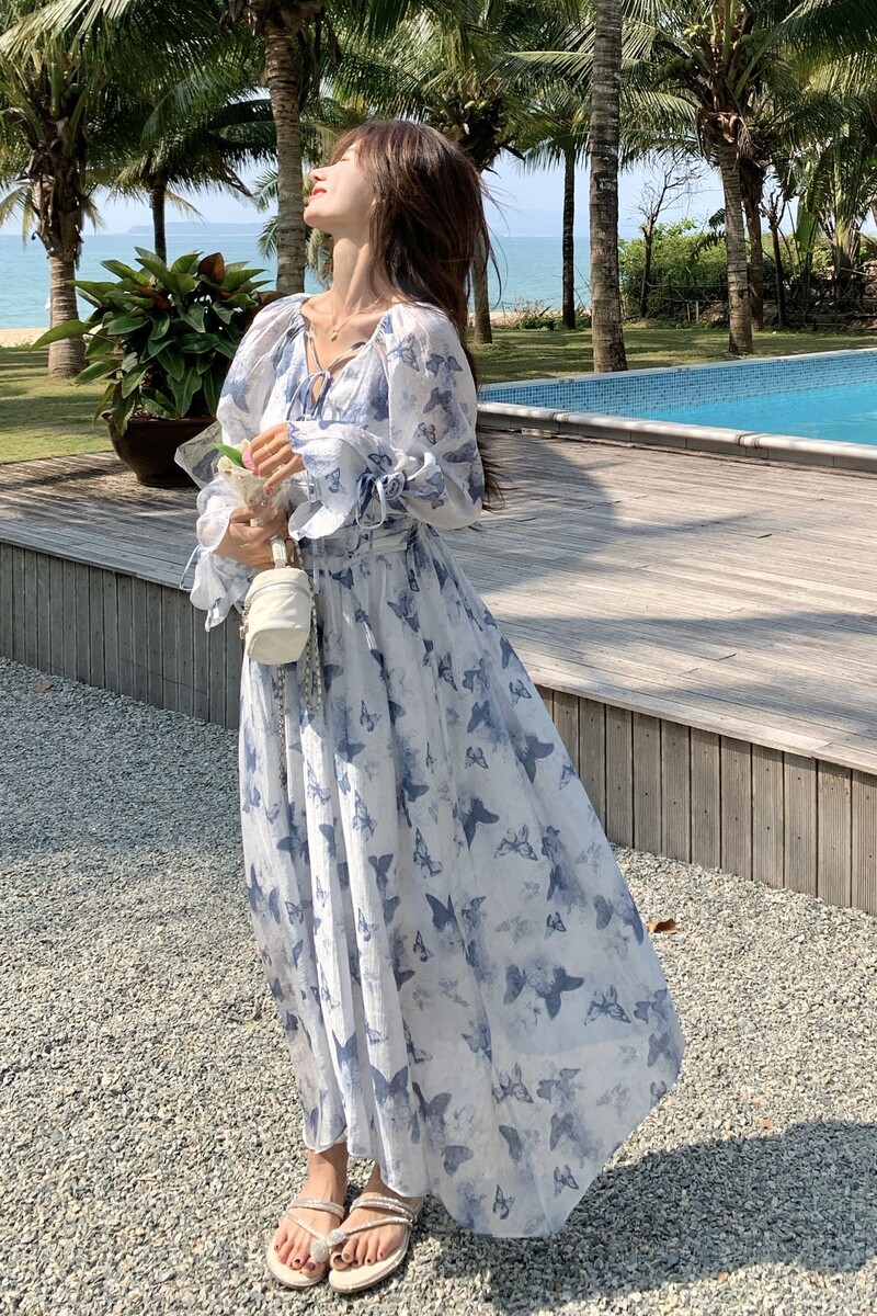 法式独特绝美度假风连衣裙女2025春夏新款蝴蝶印花高级感收腰长裙,女装连衣裙,浙宝125