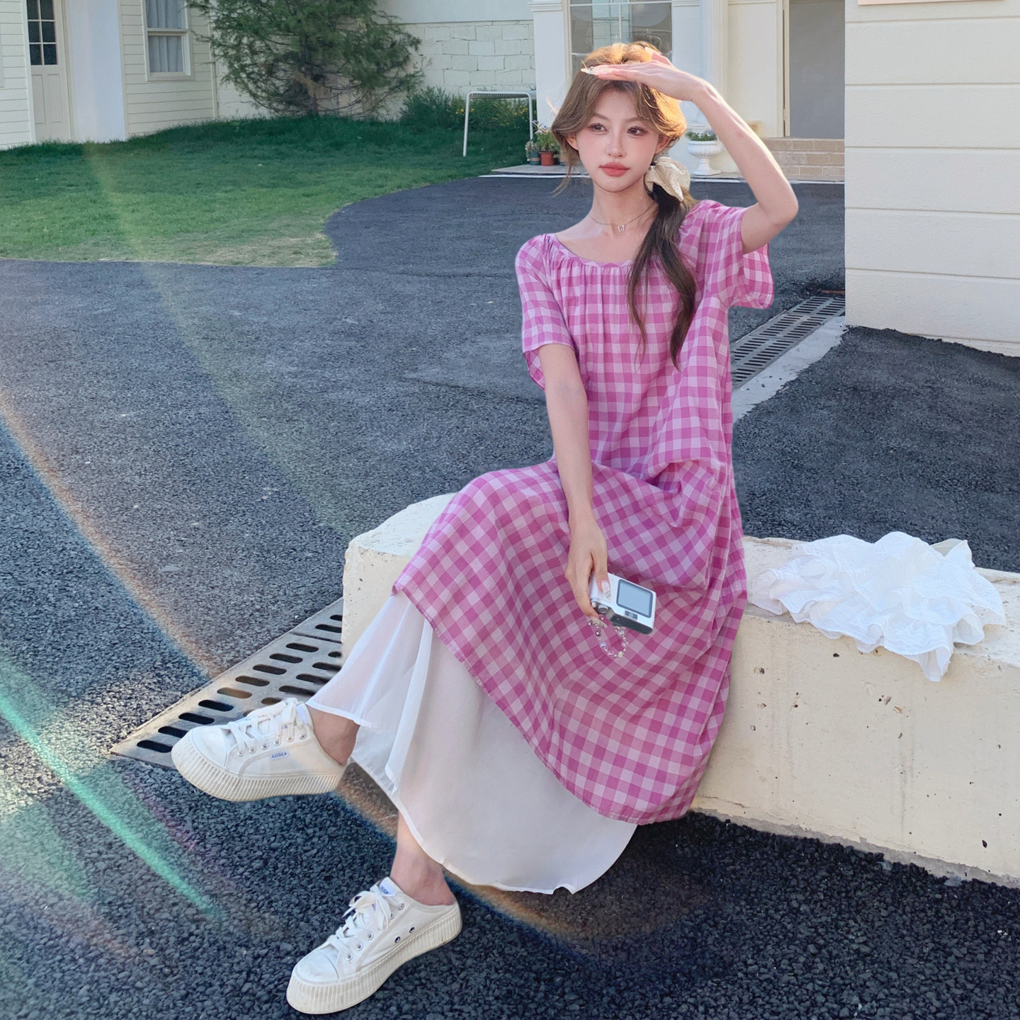 海边度假格子初恋长裙设计感甜美吊带裙温柔风连衣裙长款女夏新款,女装连衣裙,浙宝125
