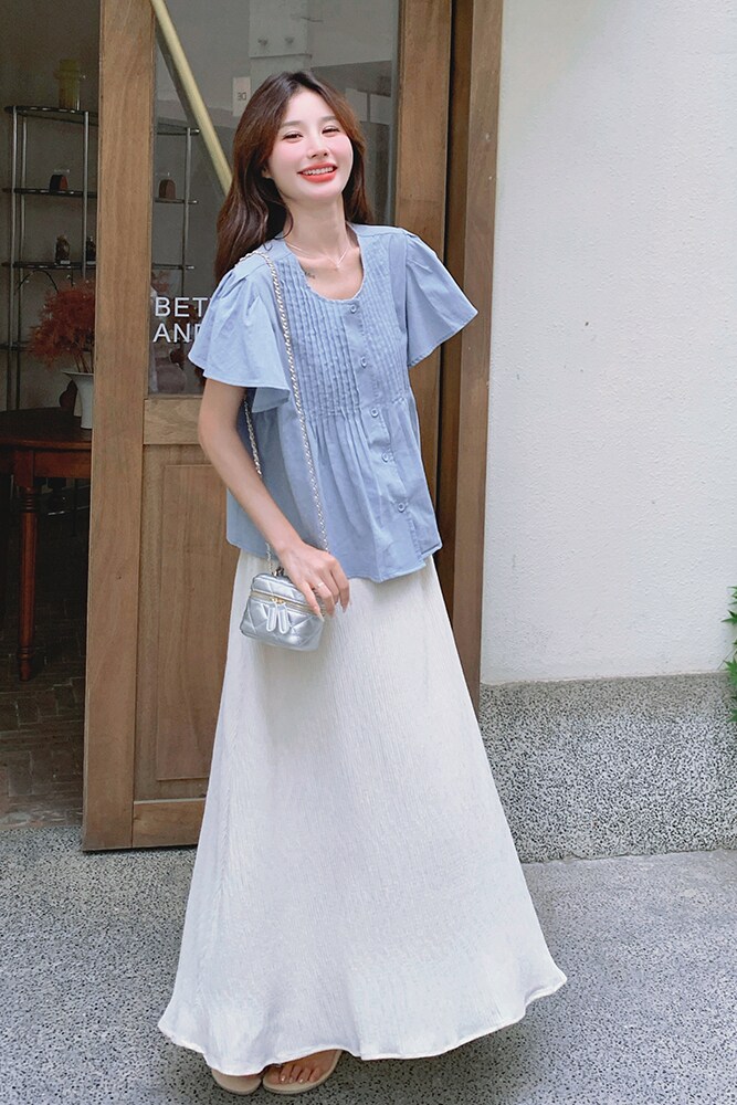 法式温柔风小飞袖套装裙女夏2025新款蓝色压褶衬衫半身长裙两件套,女装套装/套裙,浙宝125