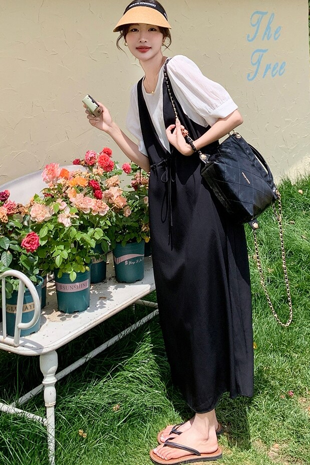撞色拼接假两件连衣裙女夏季2025新款韩版宽松遮肚设计感休闲长裙,女装连衣裙,浙宝125