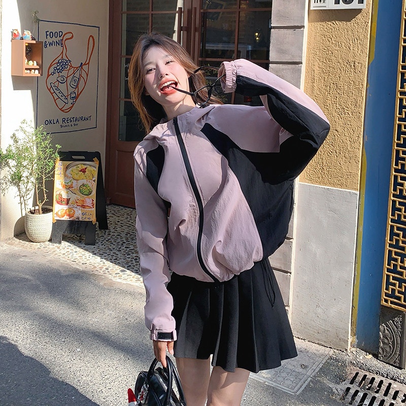 学院风拼色连帽冲锋衣外套女春秋新款超好看休闲减龄小个子上衣潮,女装短外套,浙宝125