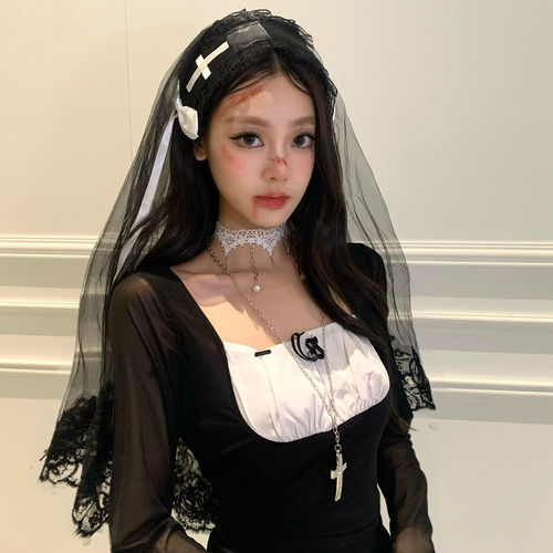 万圣节头饰鬼新娘cos黑色头纱蕾丝发饰2026新款lolita哥特风装扮