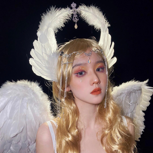 万圣节头饰白色羽毛圣母光环发箍头冠天使翅膀装扮拍照道具高级感