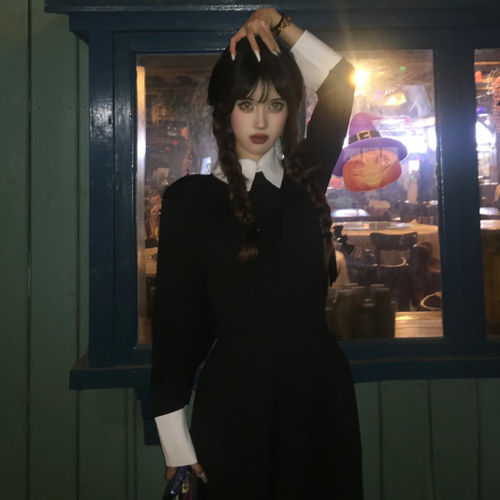 星期三cos服万圣节服装女亚当斯黑色连衣裙角色扮演服饰装扮衣服
