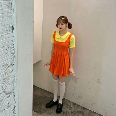黄橘色连衣裙大头娃娃木头人cos服万圣节服装女装服饰装扮衣服