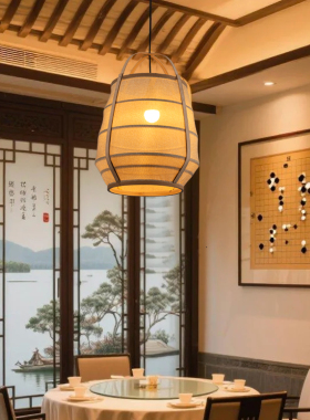 中式复古麻布布艺竹编吊灯可定制LOGO火锅店饭店餐厅民宿茶室灯具