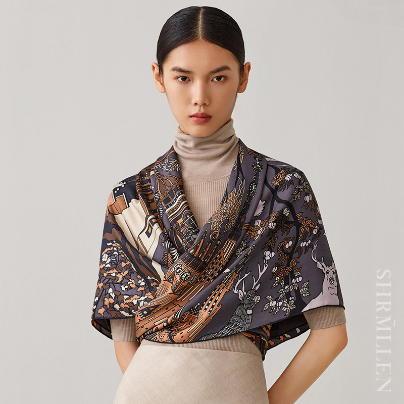 高端原创丝巾奢茉荔360天精雕细作真丝斜纹绸大方巾丝巾女士围巾