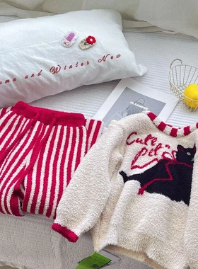 儿童套装2025冬季女童新款25063猫咪中大童韩版半边绒家居服套装