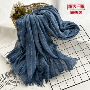 东南亚亮片包头巾女复古竖条纹莫代尔脏染muslim长方形围巾