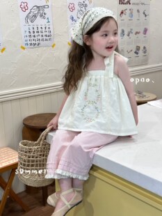 女童套装夏季女宝宝刺绣吊带娃娃衫薄款粉色花边直筒裤洋气两件套