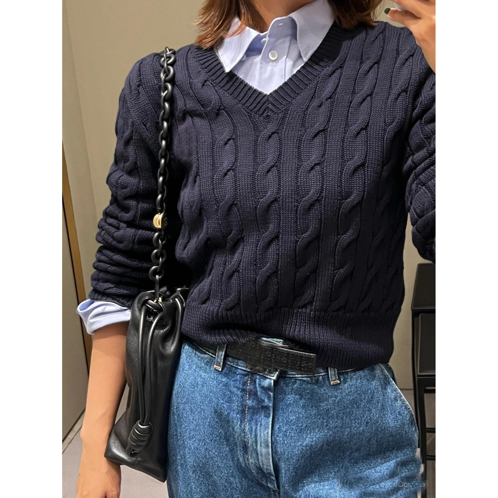 25秋冬新款V领长袖套头打底女上衣深蓝色麻花刺绣螺纹针织衫毛衣