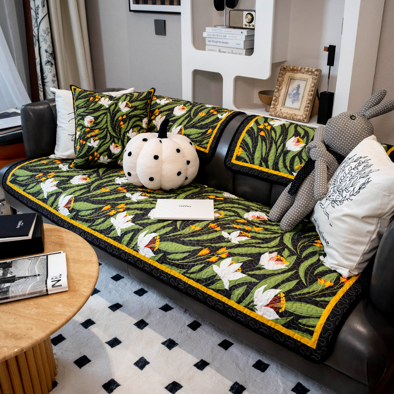 深色耐脏田园植物系沙发垫四季通用亲肤耐脏沙发坐垫高档沙发盖巾