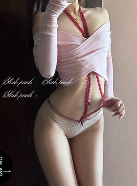 BLACK「绝色baby」红色纯欲挂脖性感内裤蕾丝可拆卸内搭三角裤女