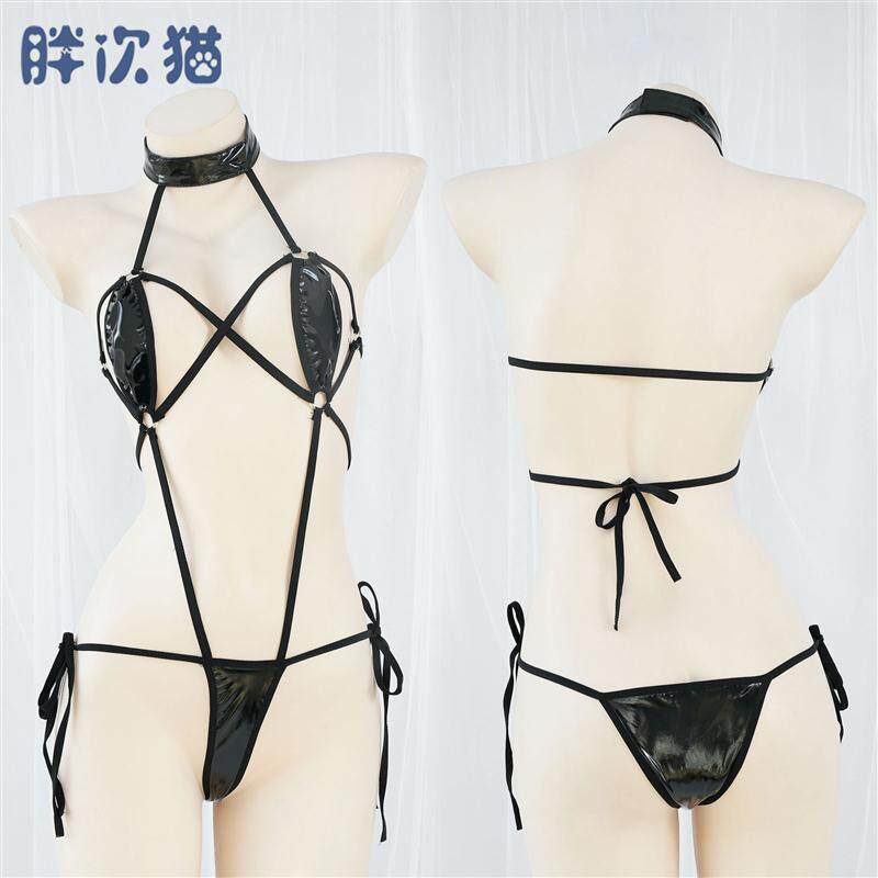 连体皮革绑带比基尼 性感漆皮挂脖系带三点式内衣睡衣