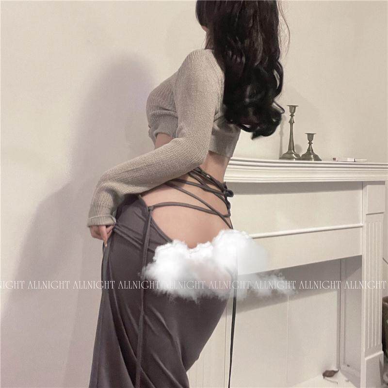 :露背包臀长裙针织罩衫两件套紧身镂空透视抹胸睡裙套装