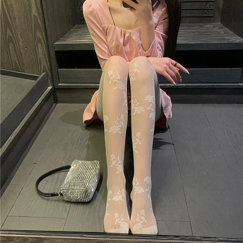 蔷薇玫瑰花丝袜刺绣白色花朵丝袜蕾丝复古小仙女白丝薄款连裤袜