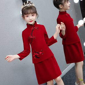 女童旗袍儿童礼服中国风唐装女拜年服红色秋冬女孩过年加厚新年装