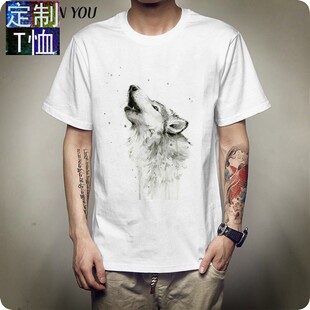 外贸爆款狼头印花男士短袖T恤夏季时尚圆领T恤打底衬衫