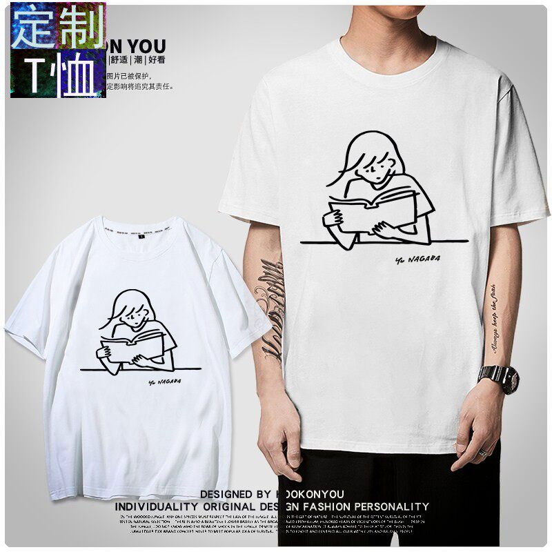 简笔画女孩图案定制创意休闲学生寝服闺密简单白色短袖t恤