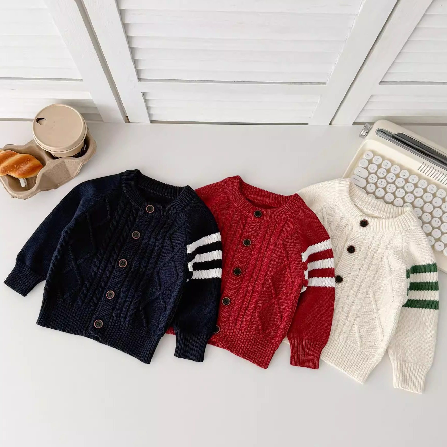 纯棉男宝宝英伦风毛衣婴童麻花针织外套婴儿周岁毛线衣红色新年装