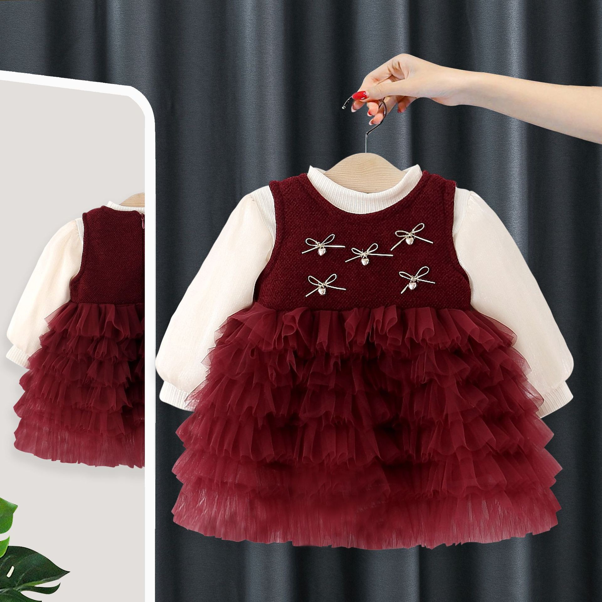 女宝宝加绒连衣裙套装秋冬款小童加厚背心裙婴儿周岁红色蛋糕裙子