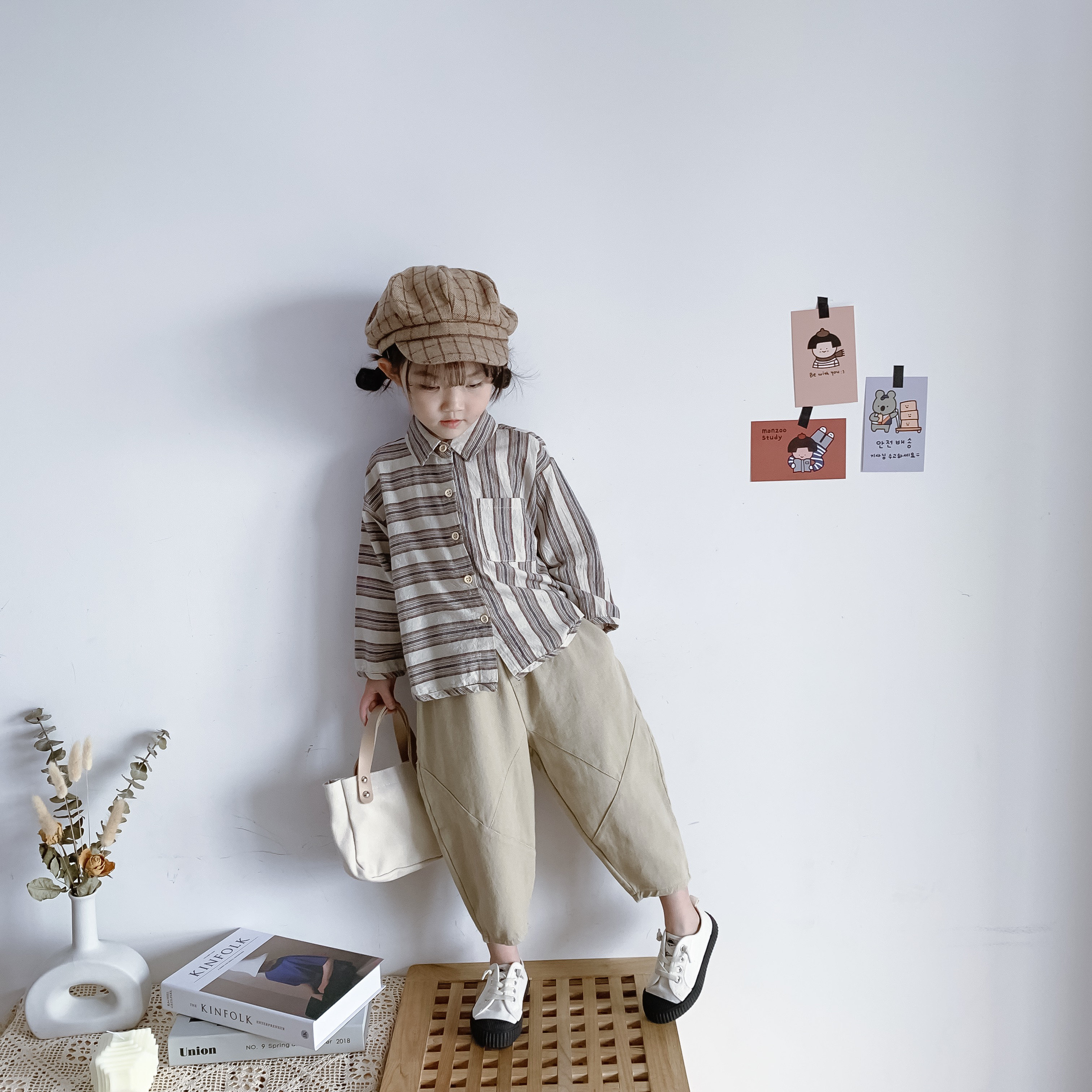 设计款21春秋韩版男女儿童个性拼接棉麻文艺范不规则长袖条纹衬衫