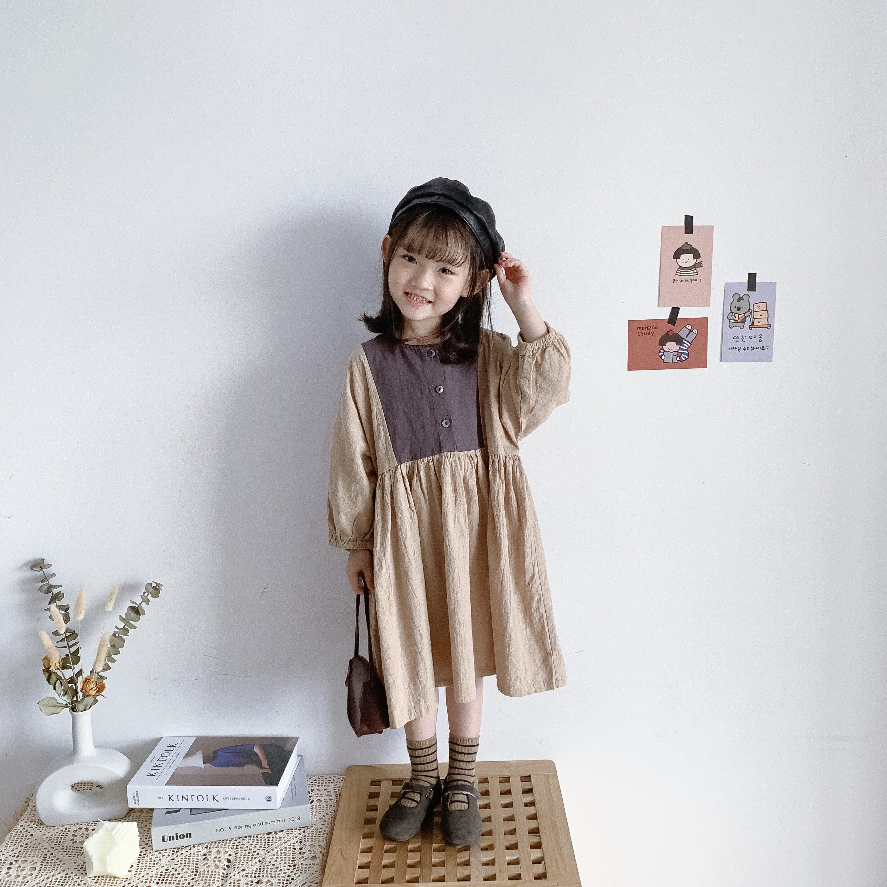 豆包君21秋款韩版儿童女童宝宝棉麻拼色文艺范森系淑女公主连衣裙