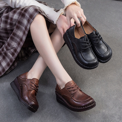 2025春季新款复古厚底坡跟舒适妈妈鞋头层牛皮真皮单鞋不累脚女鞋