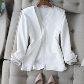 优雅姿态 外套秋 西装 简约通勤无领化设计拼接欧根纱修身 显瘦长袖