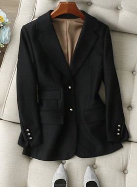 职场通勤BI备~基础纯黑色正装单排两粒扣中长羊毛呢西装外套女秋