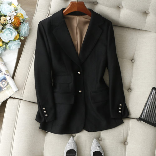 单排两粒扣黑色羊毛呢西装外套秋