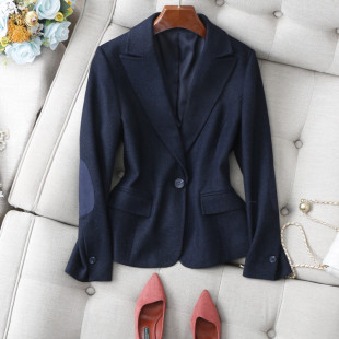 羊毛西装 肘拼麂皮绒修身 外套女 深邃藏青颗粒感夹花袖 通勤高阶版