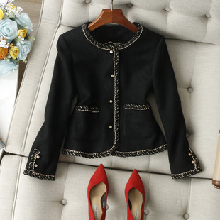 千元级别~重工链条镶边嵌金丝圆领短款圈圈呢黑色小香风毛呢外套