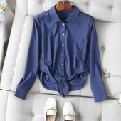 莫代尔衬衫 Sexy纯欲风 设计感腰间褶皱前短后长下摆打结翻领长袖